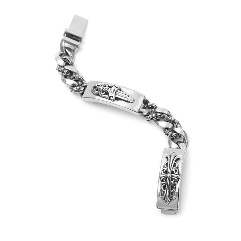 Chrome Hearts Dagger Cross Double Id Fancy Link Bracelet 8